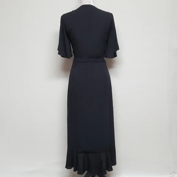 KOKO+MASON Black V-neck Asymmetric Ruffle Hem Butterfly Sleeve Wrap Dress Medium - Picture 12 of 16